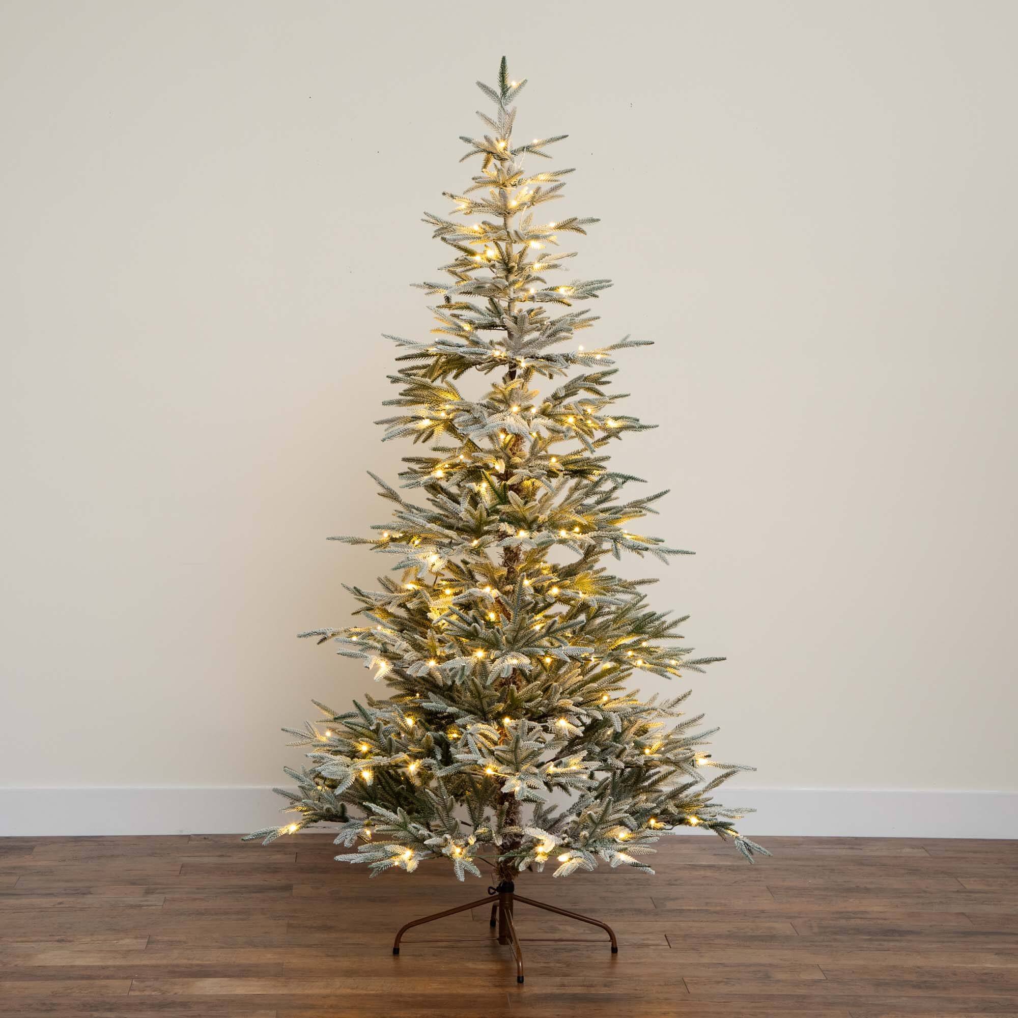 7ft. Pre-Lit Flocked Woodland Fir Artificial Christmas Tree, Warm White LED Lights